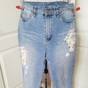 DG2 Diane Gilman Blue Jeans with White Bead Embroi